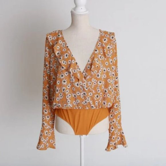 Sadie & Sage Mustard Yellow Floral Ruffle Bodysuit - Picture 1 of 5